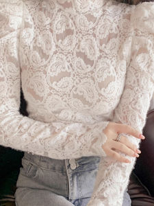 chaqi | Charmant Womens Fleece Lined Long Sleeve Lace Base Shirt Half High Collar Slim Fit Elegant Style Bubble Sleeve Hook Knit Top