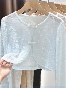 Summer New Chinese Style Pearl Button Short Sleeve Long Lace Open Cardigan Sun Protection Gentle Vintage Thin Outerwear