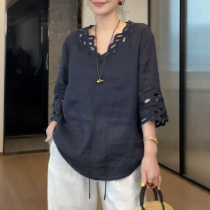 Shalldoer | Áo sơ mi nữ tay lửng kiểu Pháp rộng rãi dáng rộng họa tiết hoa rỗng mùa hè 2025 chất liệu cotton pha trộn dáng ôm vừa vặn