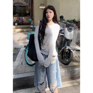 YUEZHONGWEI | เสื้อยืดคอกลมแขนยาวพิมพ์ลายสไตล์ย้อนยุคอเมริกันสำหรับผู้หญิงในช่วงฤดูร้อน เสื้อเชิ้ตบางๆ ใส่ด้านนอก เสื้อเชิ้ตปรับอากาศ เสื้อผ้าทำงานสไตล์เกาหลี