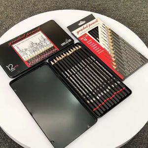 12pcs Sketching Wooden Pencil Professional Drawing Diary Cartoon Pencil Iron Box Painting Drawing Writing Pencil 2H-8B