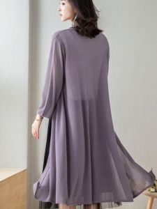 V-Neck Ice Silk Knitted Open Cardigan Womens Mid-Length Thin Loose Outerwear Shoulder Padded Air Conditioning Sun Protection Summer Coat