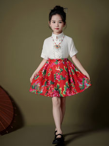 Girls Hanfu Set Summer Short Skirt Childrens Tang Suit Big Flower Ethnic Style Skirt Large Childrens Fashionable Traditional Clothing