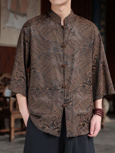 เสื้อเชิ้ตผ้าไหมน้ำแข็งฤดูร้อน แขนสั้น ทรงหลวม สำหรับผู้ชาย ลายเมฆ แฟชั่น จีน คอตั้ง กระดุม ผ้าฝ้ายผสม