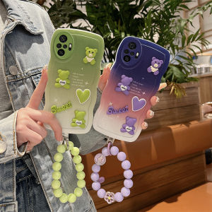 Kawaii Girl Redmi Note10 pro 4G Silicone Phone Case Simple Protecting Strap Cute Bear Design Anti-Fall Gradient Color Wave Pattern