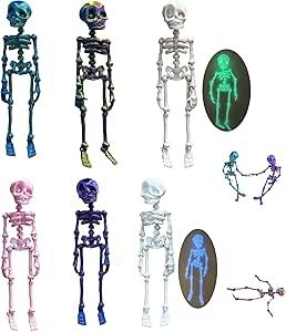 XT Glowing Skeleton Fridge Magnet 3D Printed Posable Skull Refrigerator Magnets Movable Articulated Skeleton Decorations for Halloween Office or Lock