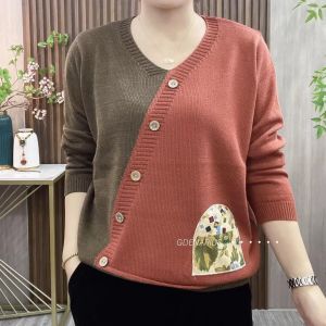 Fashionable Stylish Color Contrast Patchwork V-neck Sweater Womens Autumn New Arrival Easiest for Match Loose Belly-Covering Long Sleeves Mom Top