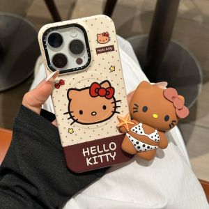 Sanrio | Korean New Cute Cartoon Sanrio Hello Kitty Phone Case For iPhone 17 16 15 14 Pro Max For Magnetic Brown KT Bracket Cover Cases