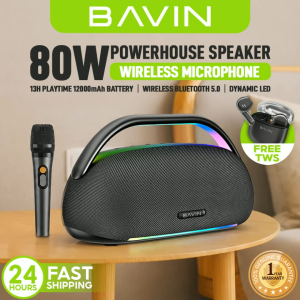 BAVIN BM52 TWS 80W Karaoke Powerful Sound Party Bluetooth Speaker w/ 12000mAh Powerbank Function RGB Light+Wireless Mic