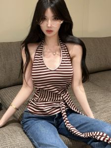 GUZILIAN | Korean Style Striped V-Neck Wrap Top Womens Design Slimming Backless Sleeveless Vest Outerwear Thin Hanging Neck Strap Vest