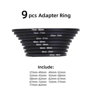 9pcs Step Up Camera Lens Filter Adapter Ring 37mm 49mm to 52mm 55mm 58mm 62mm to 67mm 72mm 77mm 82mm for UV CPL ND Canon Nikon
