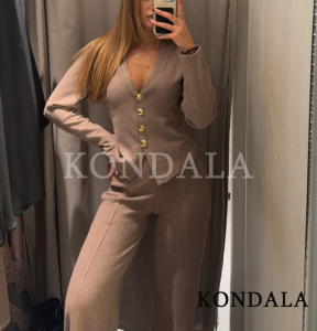 KONDALA Nữ Dệt Kim Quần Bộ Đơn Giản Thanh Lịch Thời Trang Thu Đông Áo Cardigan Dài Tay Có Nút + Quần Dài 2 Bộ