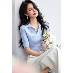 French Collar Vertical Striped Knitwear Summer New  Blue Top Womens Design Beautiful Small Shirt Polyester Fiber Short Sleeve
