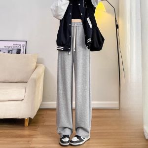 LANGPIN | Spring Autumn Thin Slim Fit Knitted Wide Leg Pants High Waist Casual Loose Sporty Trousers For Women Straight Cut Cotton Blend