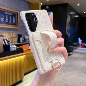 uxury Litchi Pattern PU Leather Wallet Case For Samsung Galaxy A24 A16 A32 A25 A56 A73 White Card Holder Wrist Strap Cover
