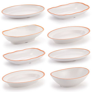 Elongated Oval Miam Dish Restaurant Hotel Style Cold Dish Salad Dish Commercial Use Flat Plate Japanese Style Retro Pattern