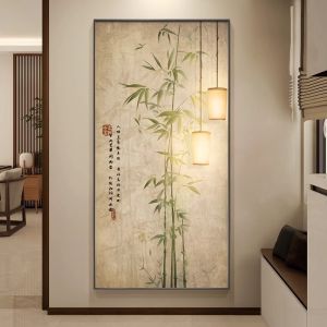 New Chinese Style Decorative Painting Green Bamboo Entrance Wall Art Vertical Hanging Chinese Aesthetic Design Modern Home Decor