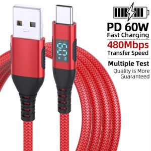60W LED Digital Display Fast Charging Cable Nylon-Braided Type-C Charger Wire For Xiaomi Samsung Laptop USB C Cord