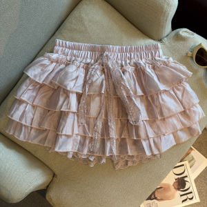 GUZILIAN | Slim Waist Tied Lace Bow Decorated Short Skirt