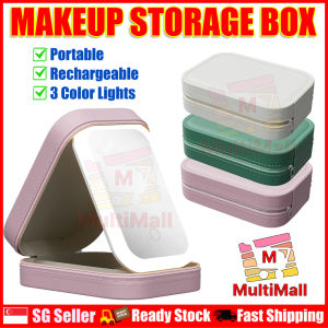 Makeup Storage Box Pink with 3 Color Lights Portable Rechargeable HD Mirror Touch Screen Button Compartment Storage Smooth Zipper Design