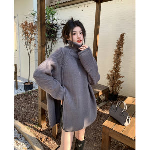 เสื้อสเวตเตอร์ถักคอสูงสำหรับผู้หญิงฤดูหนาว 2025 ใหม่ ทรงหลวม แขนยาว ปกติ เสื้อถักแบบมีซิปด้านข้าง แฟชั่นลำลอง