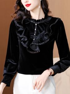 Áo Sơ Mi Ren Tay Dài Màu Đen Lụa Nhung Cổ Bồng Thanh Lịch Cổ Điển Thời Trang Mùa Thu Thường Ngày Cho Nữ