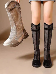 Giày Bốt Cao Gót Lưới Hở Lưng Mùa Hè Mỏng Thoáng Khí Cho Nữ Giày Bốt Thời Trang Đế Dày Cao Đến Giữa Bắp Chân
