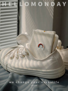 Hello Monday Socks Womens Mid Tube Stockings White for Men Rainbow Embroider Preppy Style Couple Stockings Boneless Joint