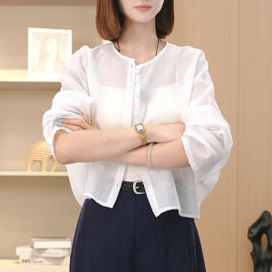 Shalldoer | เสื้อเชิ้ตผู้หญิงผ้าลินินบางกันแดดสีเหลืองฤดูร้อน 2025 เสื้อเชิ้ตผู้หญิงทรงหลวมคอตั้งแขนยาวสีพื้น ทรงหลวม