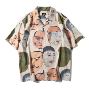 Retro American Cuban Collar Mens Shirt Draping Short Sleeve Japanese Original Single Loose Fit Summer Casual Cotton Shirt