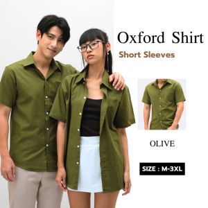 THE ROOMS - เดอะรูม เสื้อเชิ้ต คอปก สีมะกอก Oxford แขนสั้น รีดง่าย ใส่สบาย