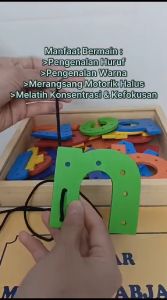 Mainan Edukasi Anak Mainan Kayu Set Menjahit Huruf Abjad Papan Jahit Huruf Tali Montessori Toys
