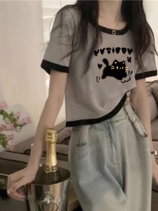 เสื้อยืดแขนสั้นผ้าฝ้ายแท้สำหรับผู้หญิงในฤดูร้อน ทรงหลวม สไตล์เกาหลี ลายการ์ตูนสัตว์ แขนสั้น คอกลม เสื้อผ้าทำงาน