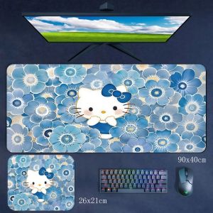 Sanrio | Blue Flower Hello Kitty Rubber Mouse Pad for Women Pink Series Cute Mouse Pad Office Large Size 90x40cm Computer Keyboard Pad