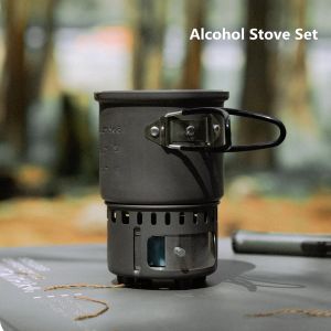 MOUNTAINHIKER New Outdoor Camping Alcohol Stove Set All-in-one Portable Lightweight Aluminum Alloy Stove Pot Cooking Accessory