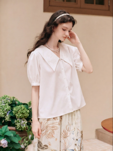 LIANGSANSHI | Áo Blouse Kiểu Nghệ Thuật Mới Hè Có Cổ Đính Hoa Văn Và T Tay Bồng
