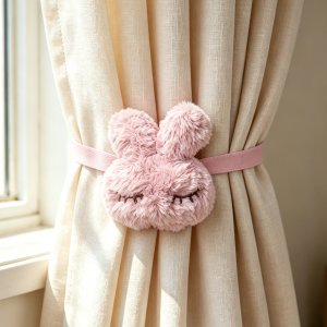 2 Pcs Pink Fluffy Bunny Curtain Tiebacks Cute Cartoon Ins Korean Style Magic Tape Reusable Curtain Holdbacks for Kids Girls Be