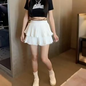 Korean Style High Waist 2 Layers Short Pleated Skirt with Safety Pants