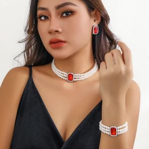 Ingemark | 3Pcs/Set  Goth Womens Multilayer Imitation Pearl Jewelry Set with Chain Necklace Bracelet And Stud Earrings for Wedding Bridal