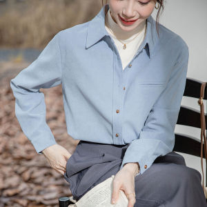 Blue Corduroy Shirt Womens Autumn Winter New Style Professional Layering Long Sleeve Shirt Small Size Versatile Top