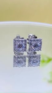 Khuyên tai nữ bạc xi bạch kim vuông nhỏ nụ đá 4mm Bông tai chủ đính kim cương moissanite Mỹ kiểm định GRA màu trắng Màu xanh Hoa tai bạc thật mạ vàng trắng - KIM LỘC PHÁT BVNV