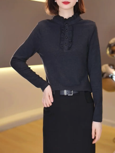 QINGNAER | New Autumn Slim-fit Lace Stand-collar Large-sized Top