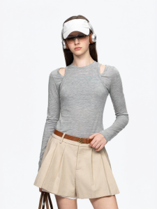 ANN ANDELMAN | Gray Slim Fit Round Neck Long Sleeve Layered Design T-Shirt Women