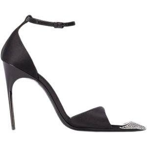 รองเท้าแตะส้นสูงผ้าไหมสีดำ ทรงหัวแหลม สายรัดแบบหนึ่งแถบ ประดับเพชร สำหรับผู้หญิง รองเท้าส้นบางเซ็กซี่ ฤดูร้อน 2025