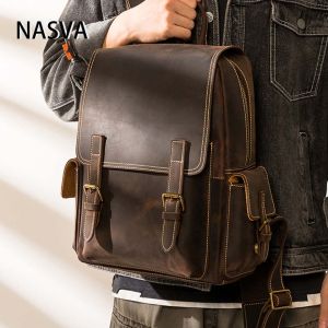 Sling Bag Men Retro Genuine Leather Backpack Crazy Horse Leather Cowhide Laptop Backpack NASVA