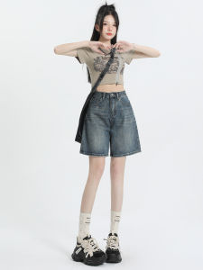 High Waist Loose Fit Thin Denim Jeans Womens Five-Point Spring Summer New Style Retro A-Line Wide Leg Mid-Length Pants