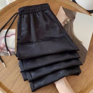 AIYITI | New Chinese Style National Trend Embroidered Satin Loose Straight Leg Pants Summer Large Size Womens Casual Trousers