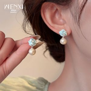 WENXI | Enamel Blue Small Rose Earrings