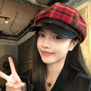 Red Plaid Wool Beret Hat Womens Autumn Winter British Retro Newsboy Cap 2024 New Style Casual Octagonal Hat for Youth