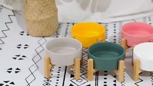 1800ml Big Dogs Bowl Double Ceramic Elevated Pet Food Water Feeders Small Medium Large Dog Feeding Supplies with Wooden Stand